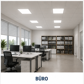 Büro mit eingelassenen LED-Panels in einer Rasterdecke