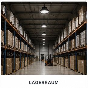 Beleuchteter Lagerraum mit Hallentiefstrahlern