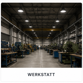 Beleuchtete Werkstatt mit Hallentiefstrahlern