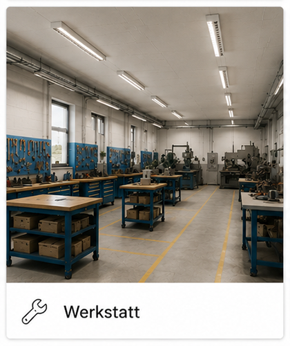 Beleuchtete Werkstatt mit Rasteranbauleuchten