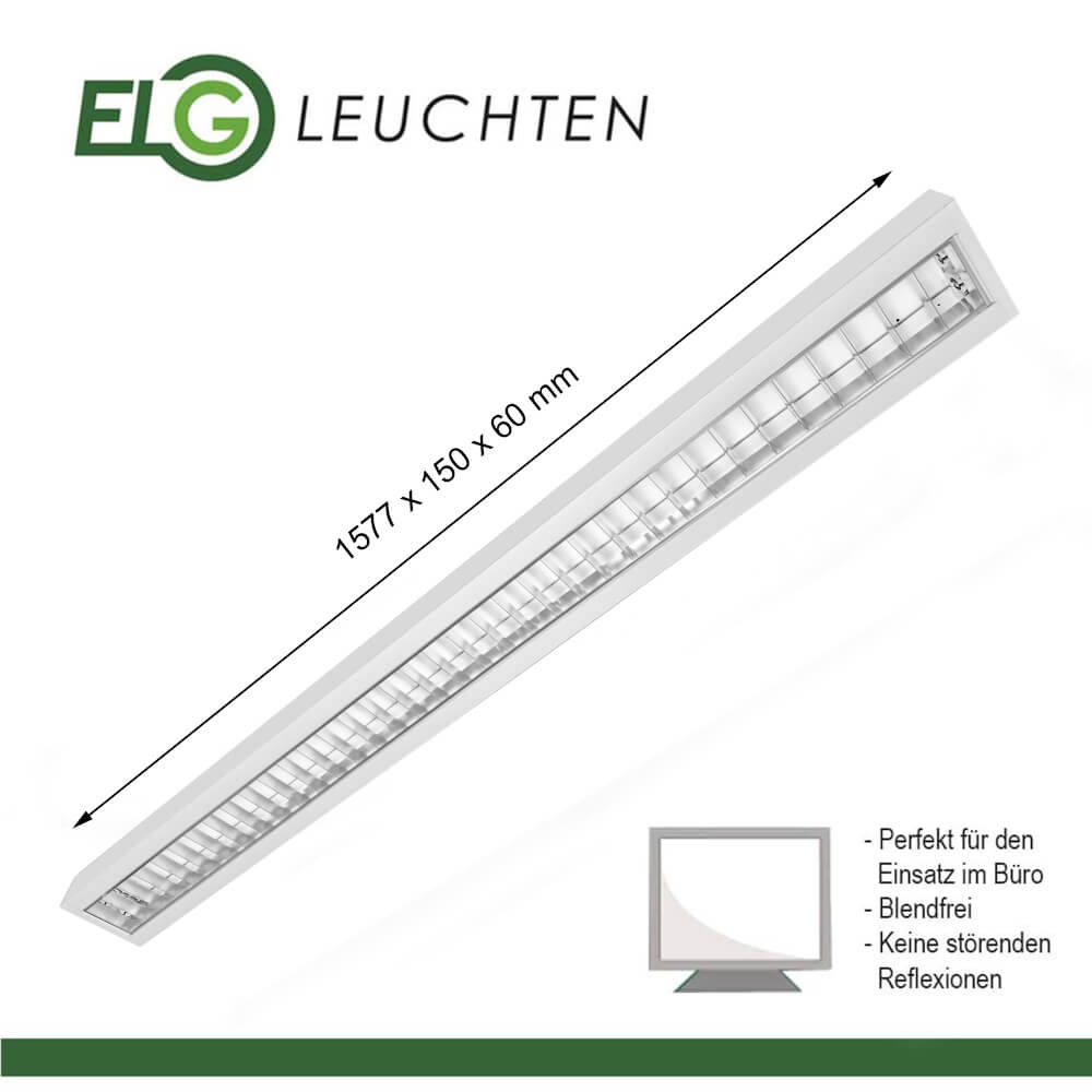 Hochwertige Rasteranbauleuchte 150cm, 2 - fl. BAP matt vorverdrahtet für LED Röhren - ELG Leuchten