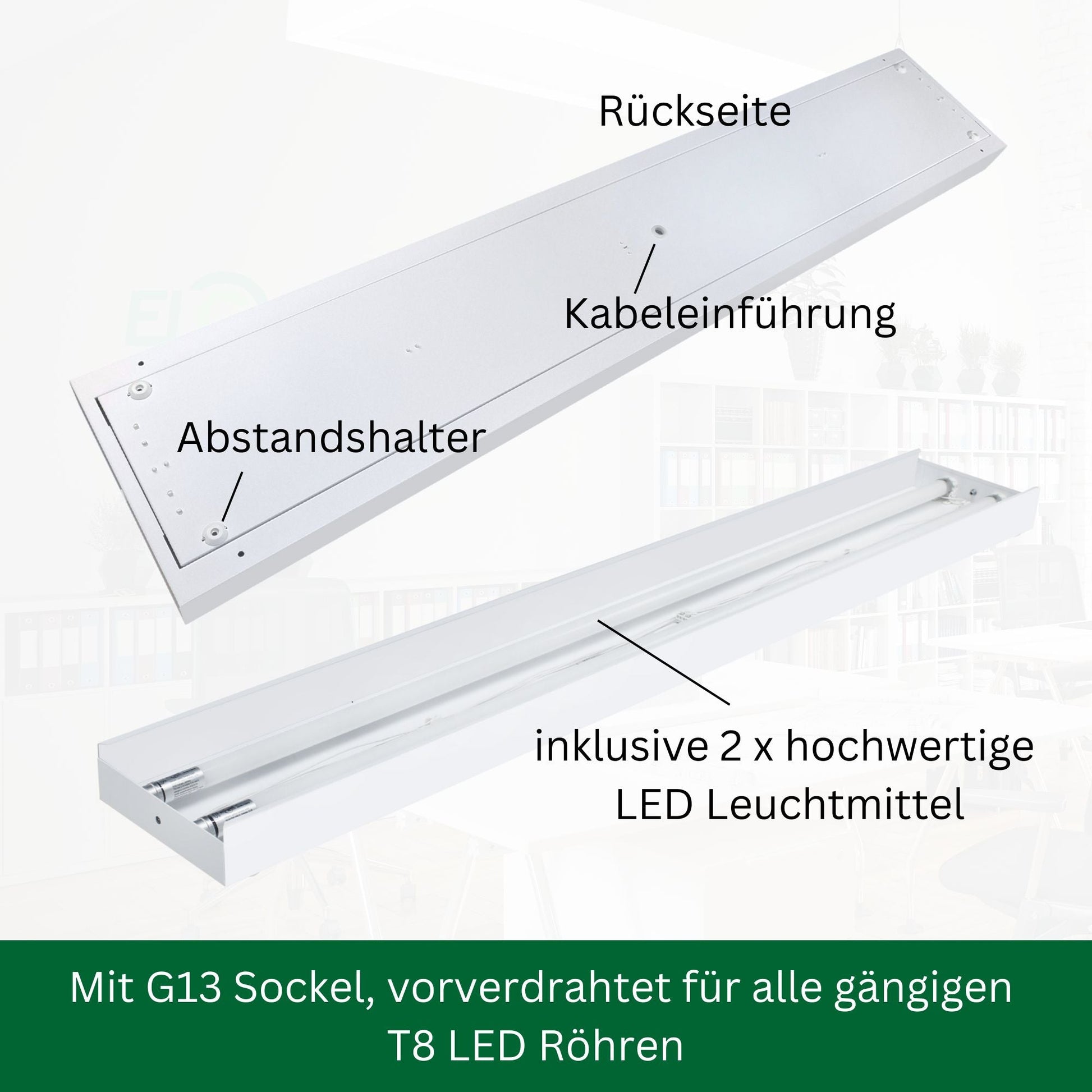 LED Aufbauleuchte 120cm 2 - flammig Mikroprismatische Abdeckung Vorverdrahtet für LED Röhren - ELG Leuchten