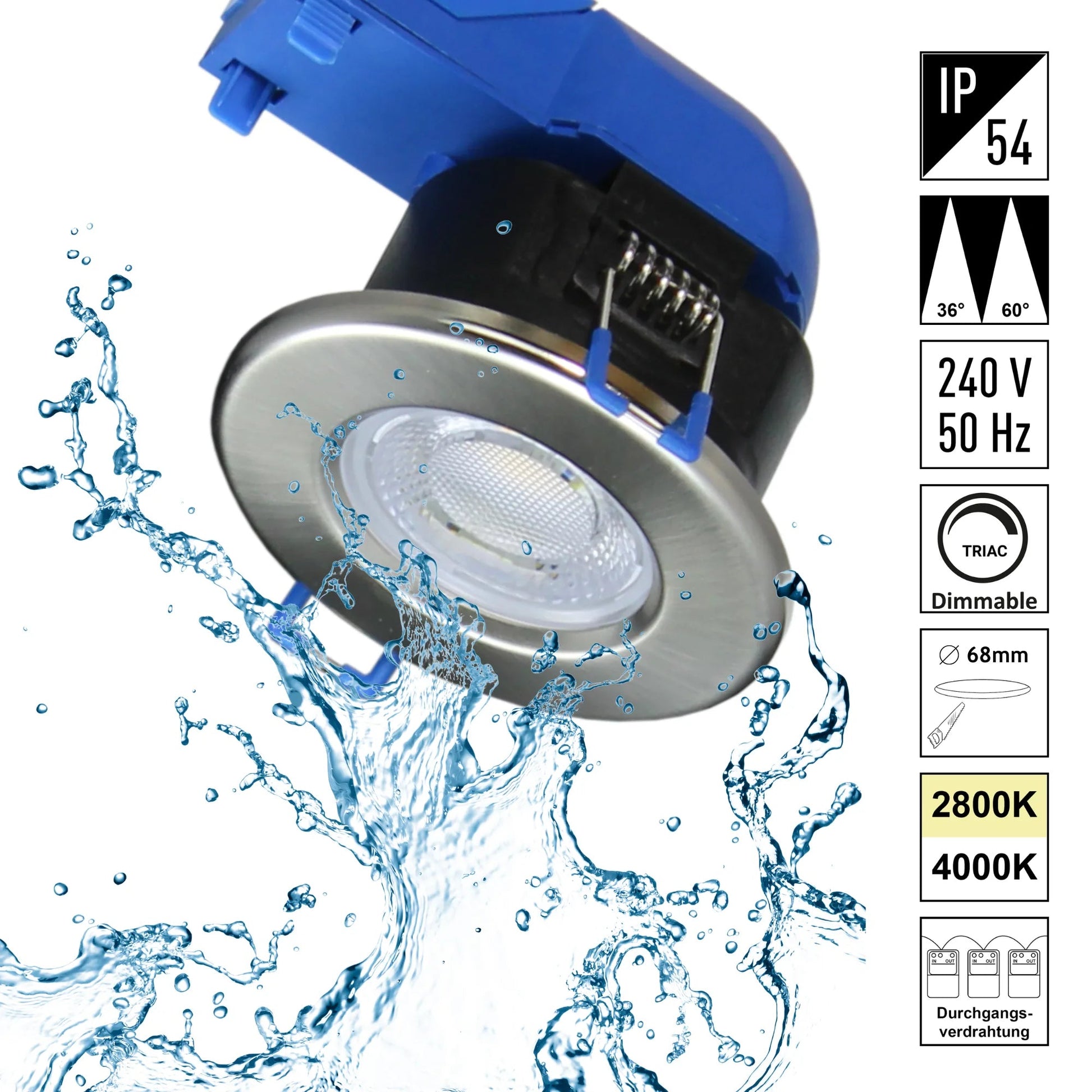 LED Einbaustrahler Dimmbar 240V,7,5W,600 - 650LM,2800 - 4000K,IP54,68mm - ELG Leuchten