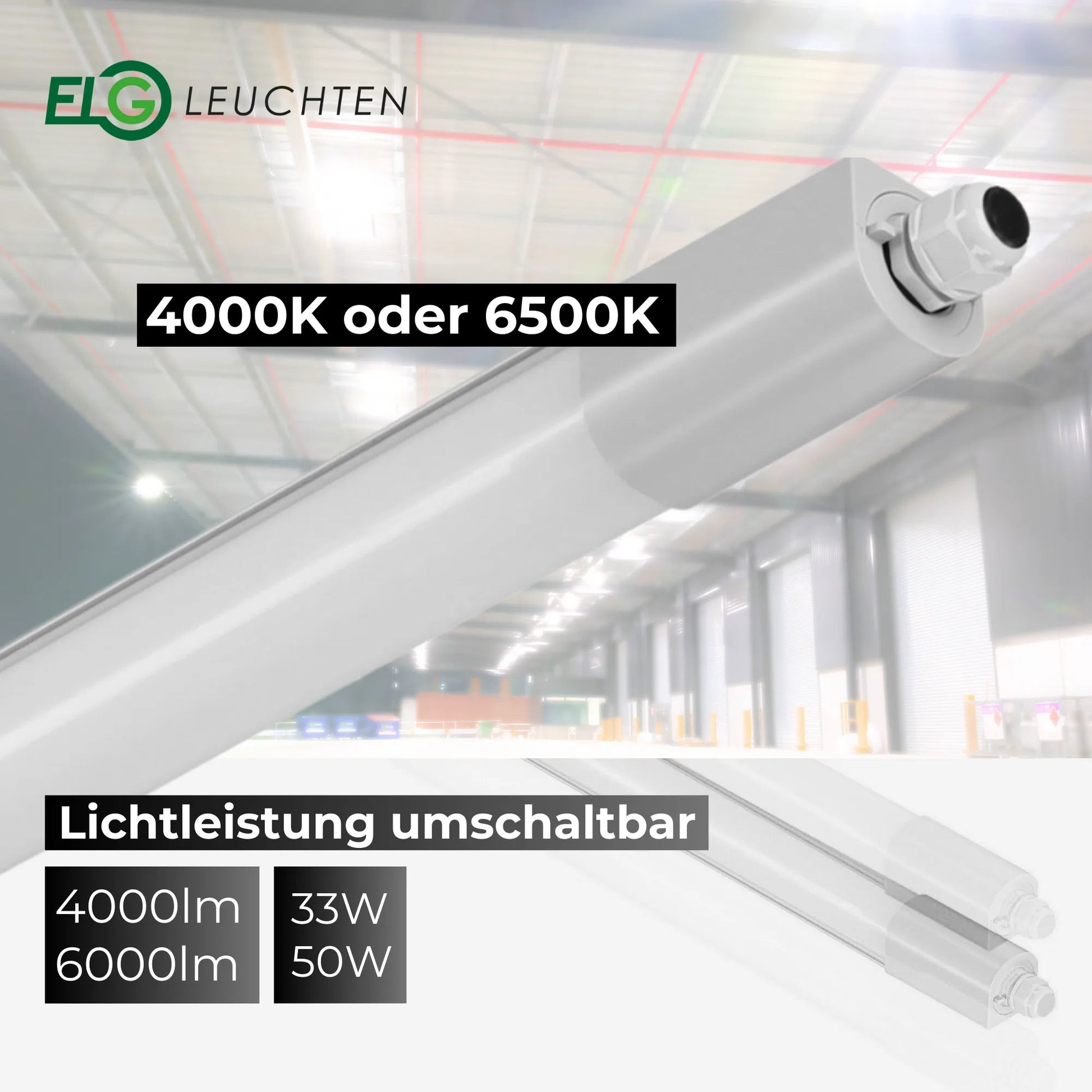 LED Feuchtraumleuchte 150cm 6500K Leistung umschaltbar 50W/33W 4000lm/6000lm IP66 wasserfest - ELG Leuchten
