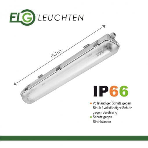 LED Feuchtraumleuchte 60cm 1 - flammig vorverdrahtet für LED Röhren - ELG Leuchten