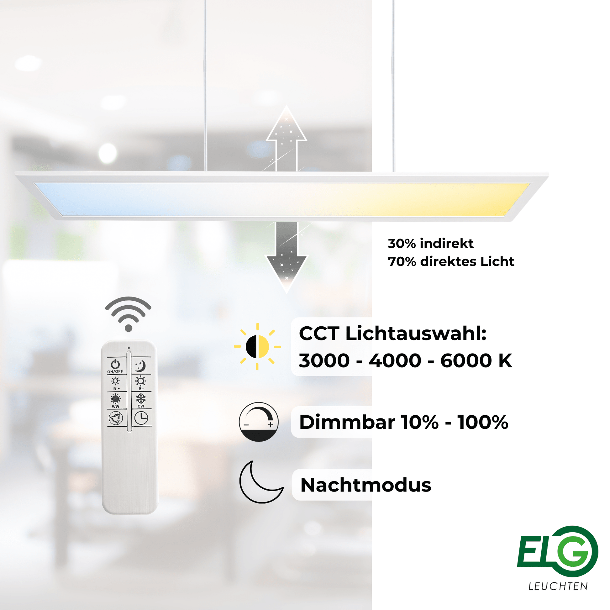 LED Pendelleuchte 120cm direkt/indirekt Dimmbar CCT 3000 - 6000K mit FB - ELG Leuchten