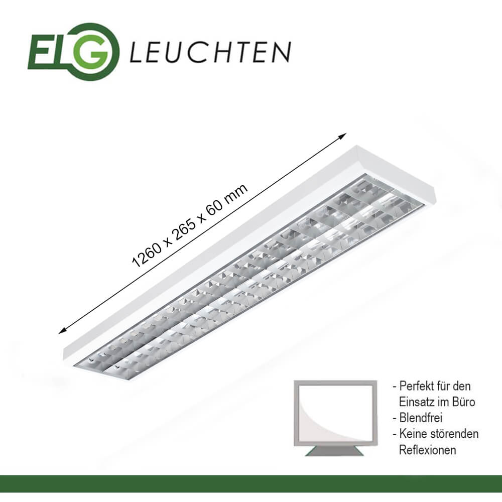 LED Rasteranbauleuchte Single - Raster, 120cm, 2 - flammig, vorverdrahtet für LED Röhren - ELG Leuchten